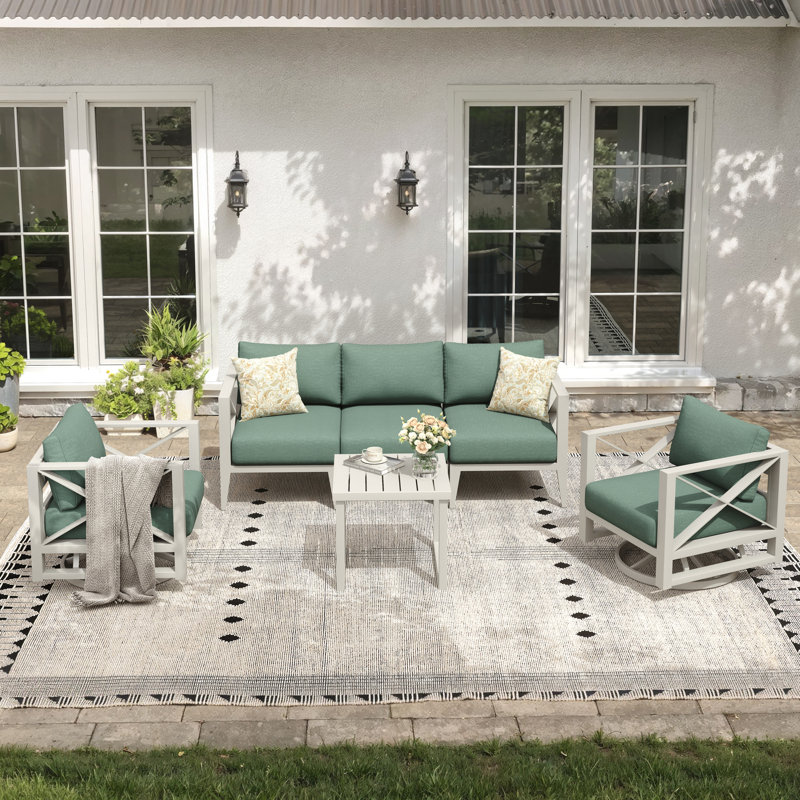 Modern 4-Piece Outdoor Aluminum Patio Conversation Set with 2 Swivel Glider Chairs, Sofa, and Coffee Table, White