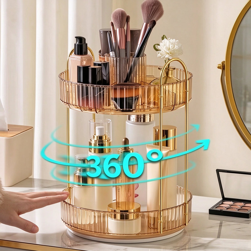 Organisateur de maquillage rotatif à 3 niveaux sur 360 °, étagère de rangement pour cosmétiques pour comptoir de coiffeuse, structure en métal doré