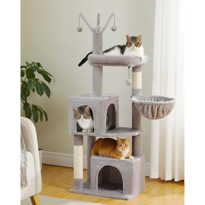 Tour pour chat de 53 po de hauteur avec 2 condos pour chat, hamac et 3 bâtons de pompons amovibles et poteaux à griffes
