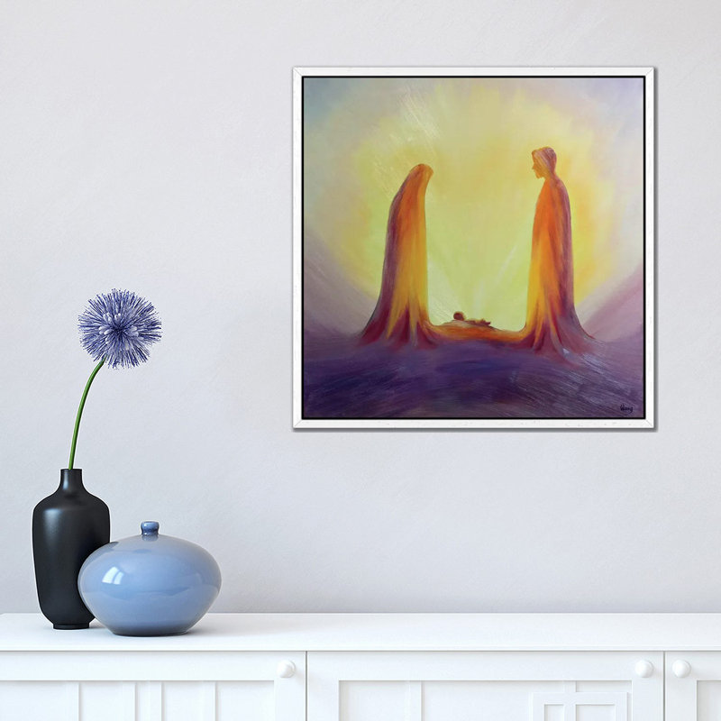 Mary And Joseph Look With Faith On The Child Jesus At His Nativity, 1995 by Elizabeth Wang - Painting on Canvas, White Framed