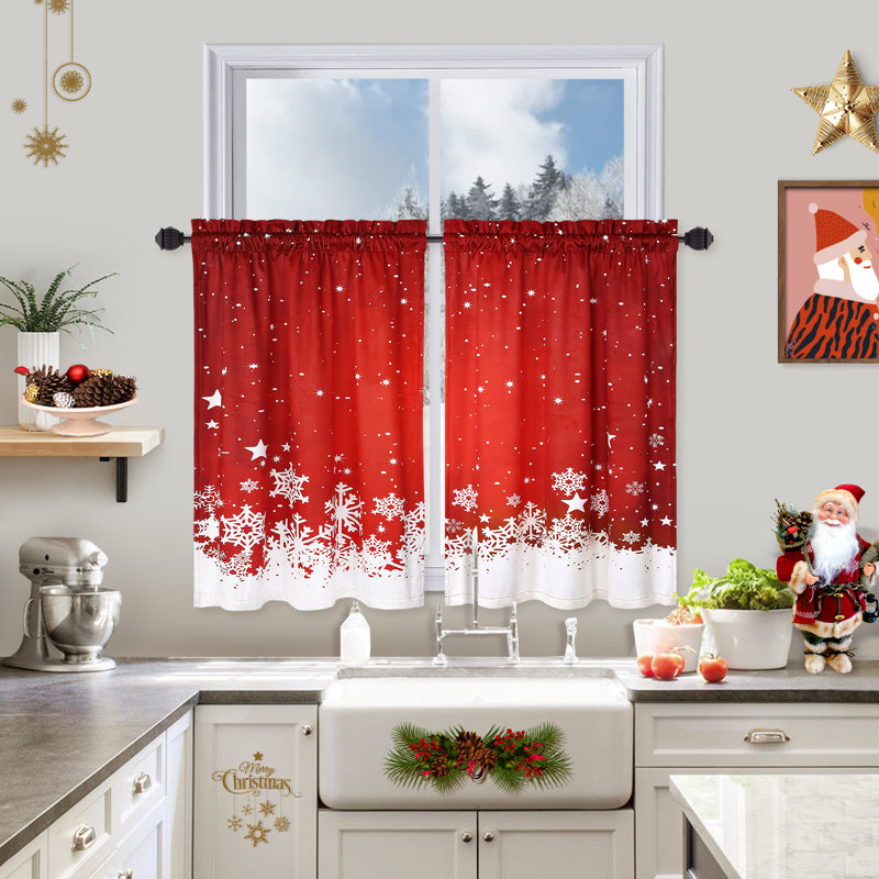 Rideaux de Noël en velours (lot de 2), motif floral, flocons de neige et étoiles, occultants et thermiques, 66 cm de large x 61 cm de long, pour cuisine, salon et salle de bain.
