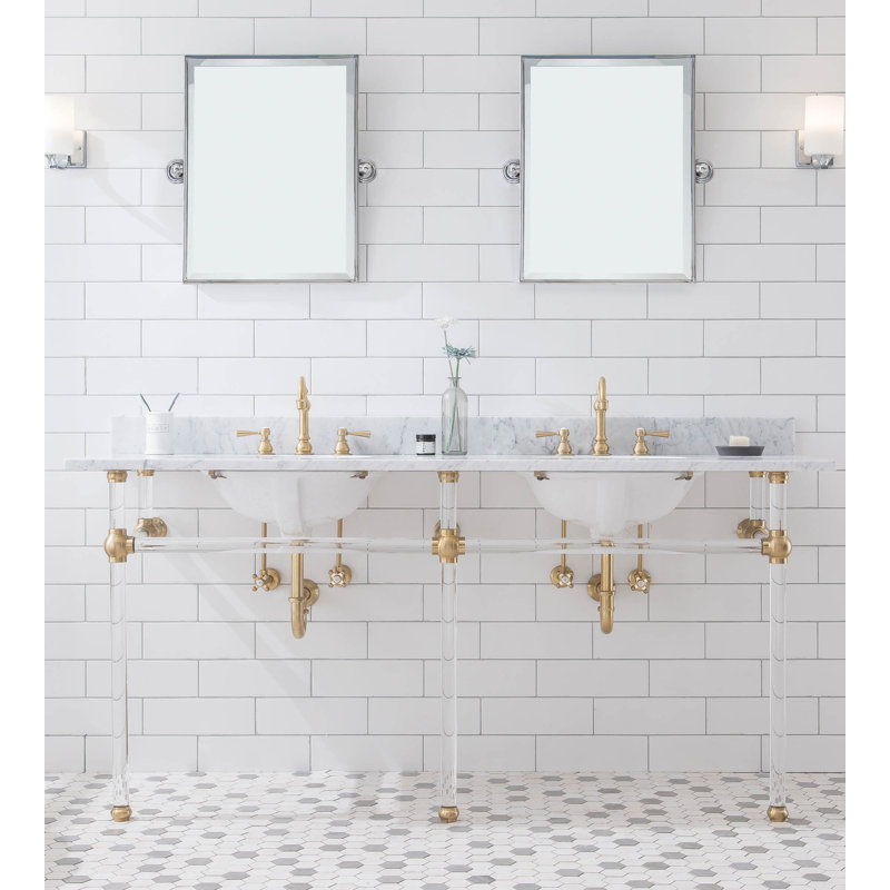 Meuble-lavabo de salle de bain ovale en marbre avec robinet et trop-plein Aaliyah, Laiton satiné
