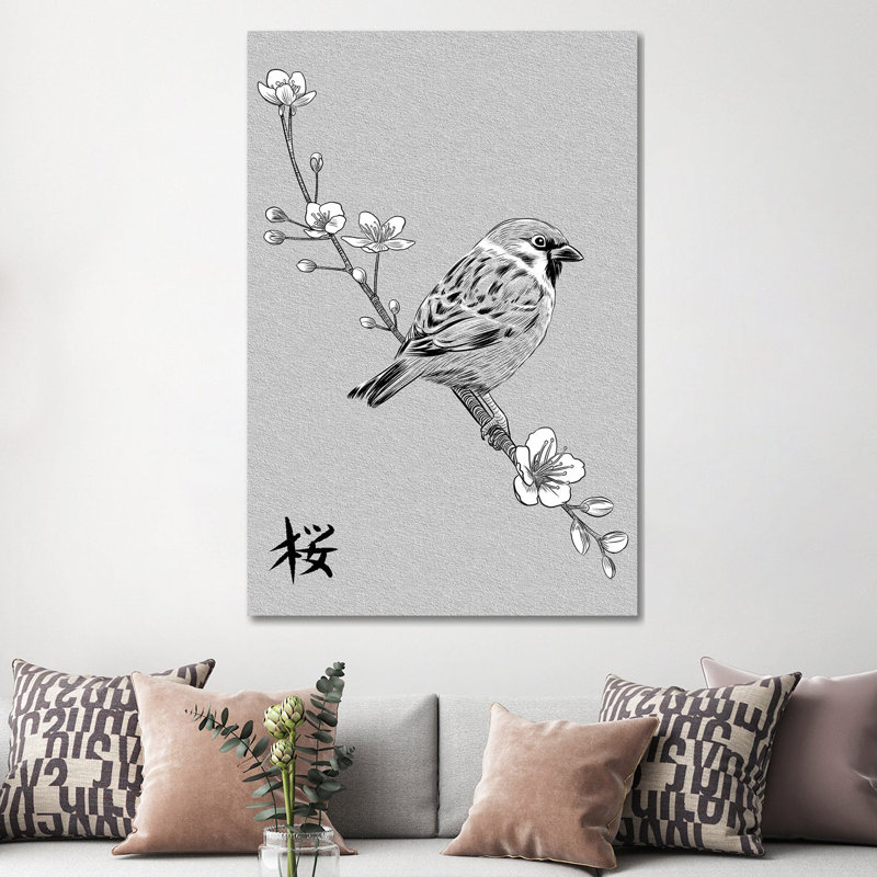 Kanji Sparrow 1 Piece Wrapped Canvas Wall Art, 152.5 cm H x 101.5 cm W