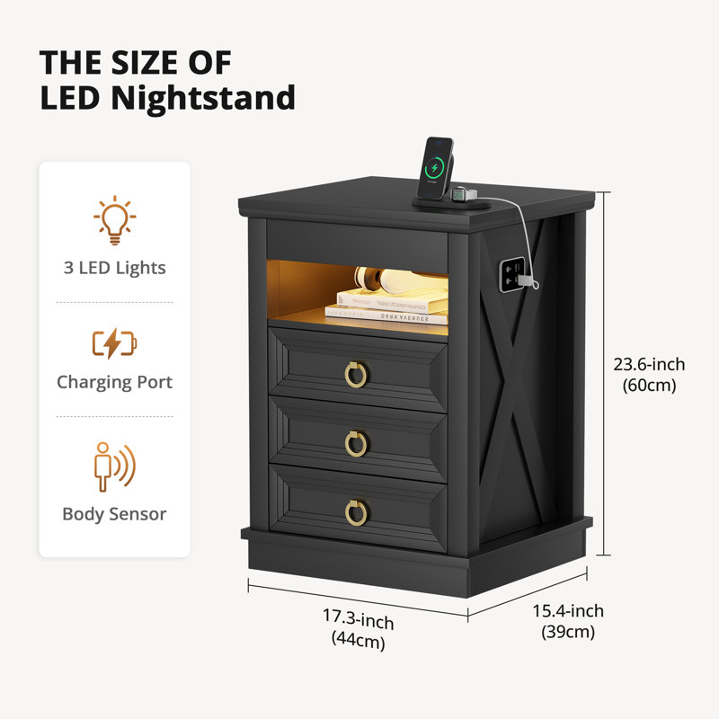 3-drawer Nightstand With Hidden Storage, Black