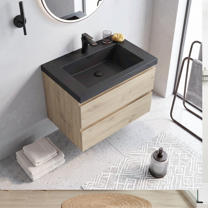 Meuble-lavabo suspendu flottant en mélamine de bois de 30 po avec lavabo intégré en résine et sable de quartz, quincaillerie de qualité supérieure à fermeture en douceur, aménagement de rangement intelligent et spacieux (entièrement assemblé)