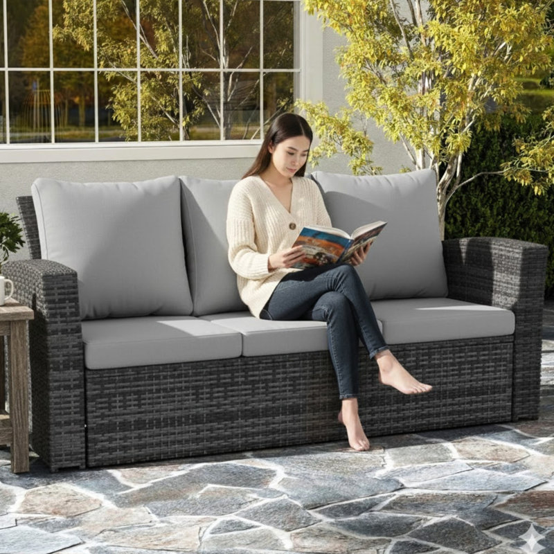 Patio 3 saisons 67,7 po avec coussins gris épais, structure noire, mousse haute et ergonomique