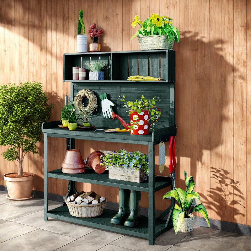 Grande table de rempotage en bois avec 4 tablettes de rangement et crochets latéraux