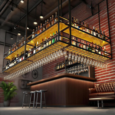 Support à verres à vin de 59 po avec lumière, support à vin suspendu en acrylique avec support en verre et tablettes transparentes, porte-bouteilles, porte-verres à pied et porte-verres à pied moderne (150 cm)