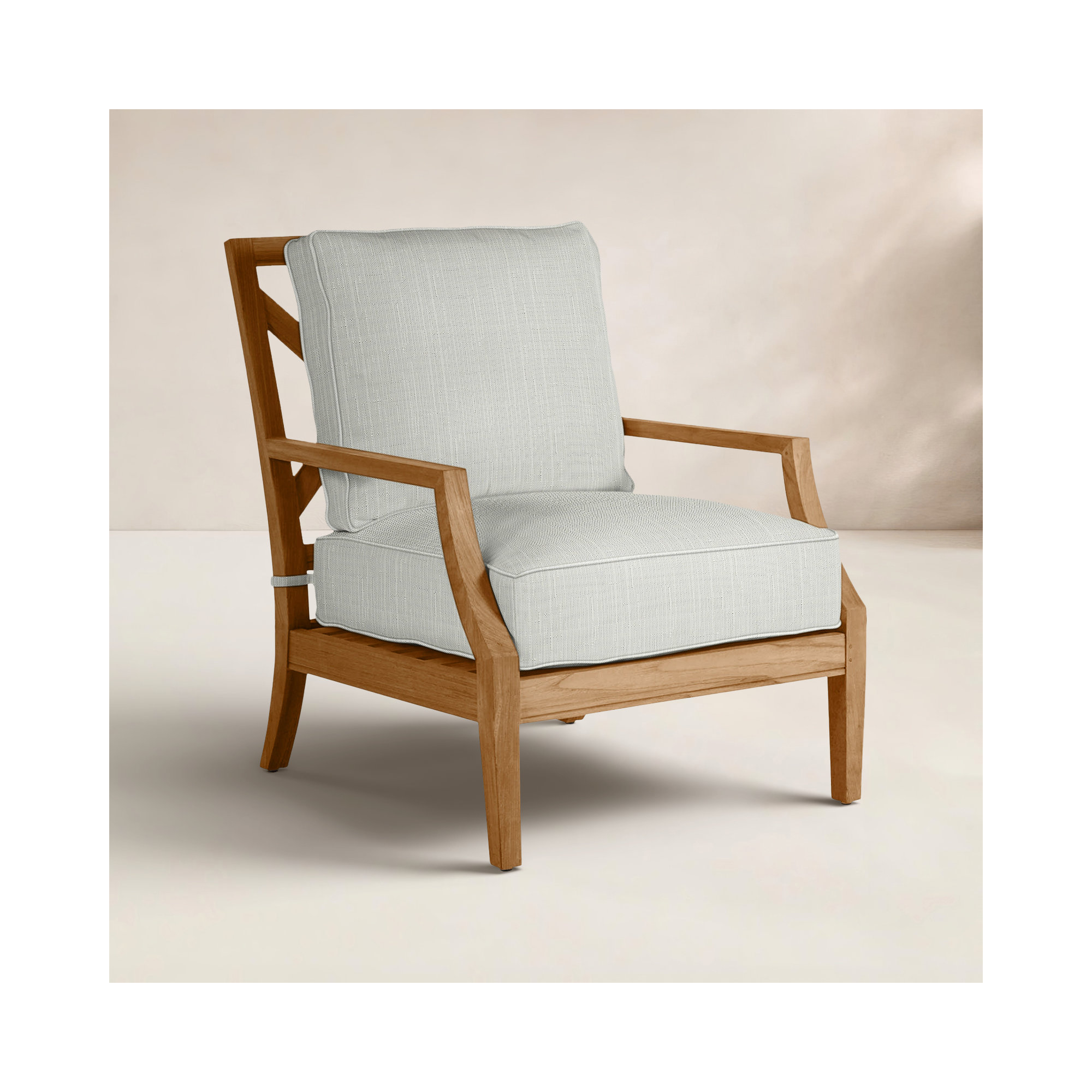 Haley Teak Outdoor Lounge Chair Latticework Back, Welt + Standard fill, Verona Silver Sunbrella®, Natural Teak