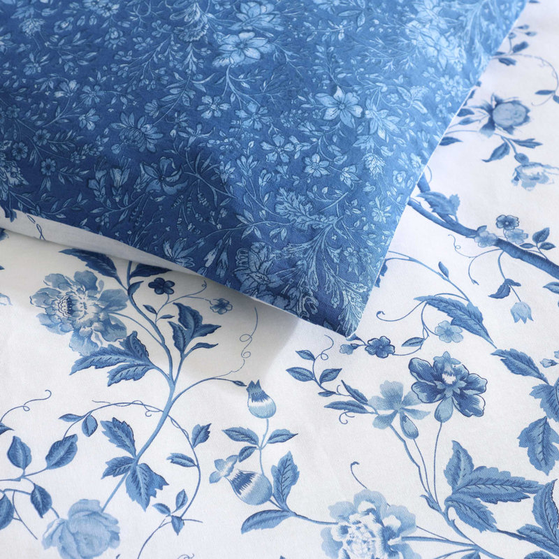 Laura Ashley Elise Navy Cotton Floral Comforter Bonus Set, Full Comforter + 4 Standard Sham + 2 Throw Pillow