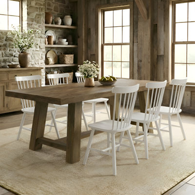 Solid Wood Dining Table Set, Rectangular Distressed Pine Dining Table And Slat Back Windsor Dining Chairs For Kitchen/Dining Room