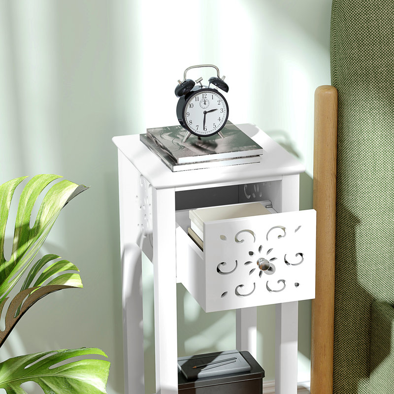 Nightstand Set of 2 with Drawer and Open Storage Shelf, White, White