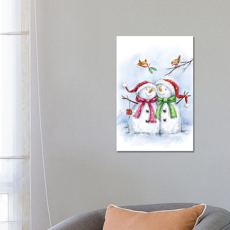 «Two Snowmen IV» par Makiko - peinture sur toile tendue, H 26 po x l 18 po x 1,5 po