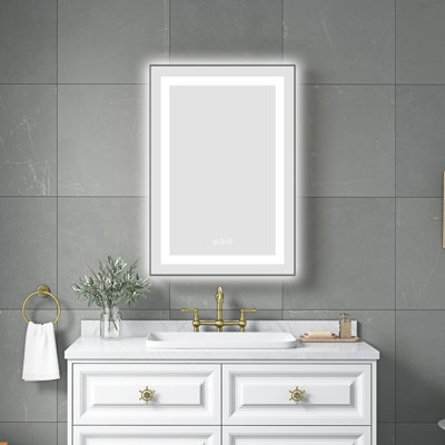 20 po x 32 po - brouillard, 3 températures de couleur, miroir de meuble-lavabo mural réglable à intensité variable, cadre en aluminium, bois de frêne, salle de bain mémoire 32 po, bois de frêne