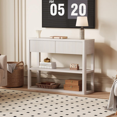 34.6" Fluted Entryway Table with 2 Drawers, Console Table with 3-Tier Storage Shelves, Modern Sofa Table Behind the Couch for Living Room Entrance Hallway Foyer