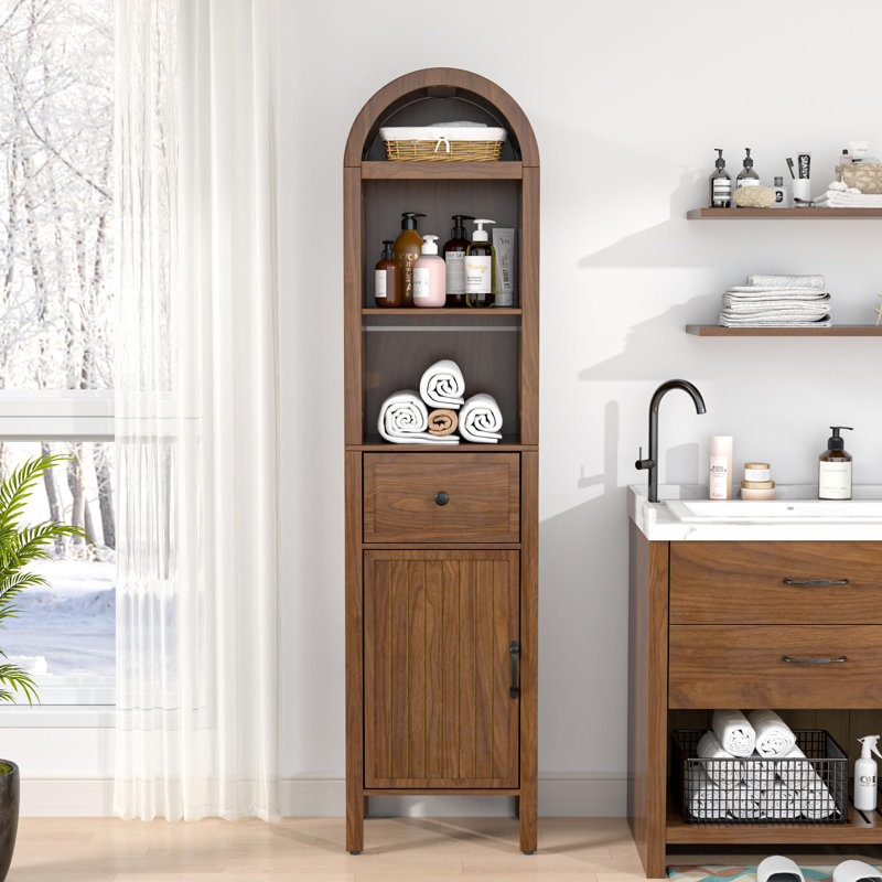 64" Tall Bathroom Storage Cabinet with Adjustable Shelves, Walnut