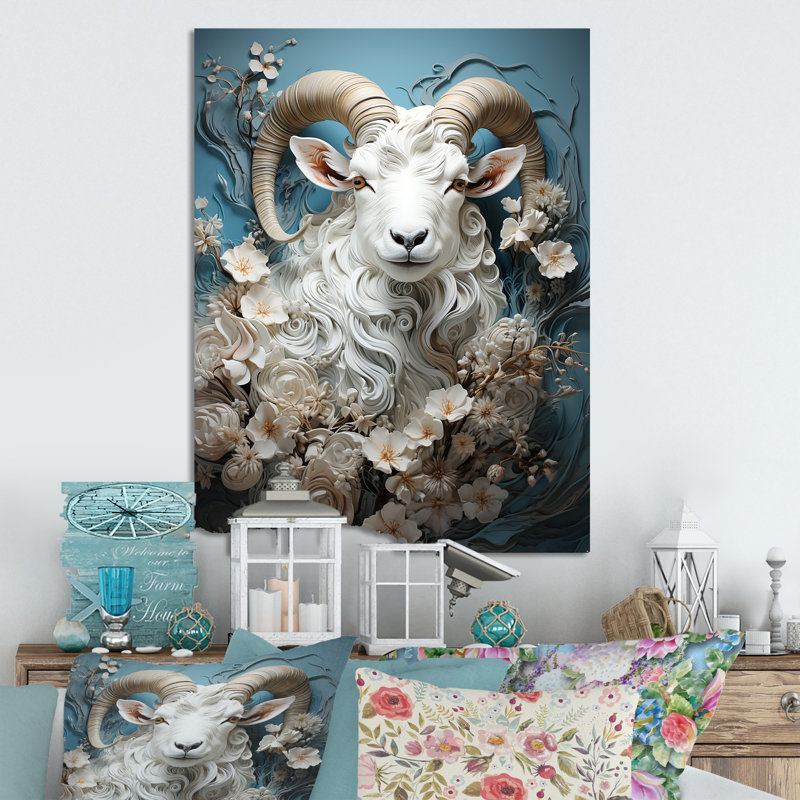 Blanc et bleu, portrait de chèvre rétro, art mural animal en métal, H 20 po x l 12 po x P 1 po
