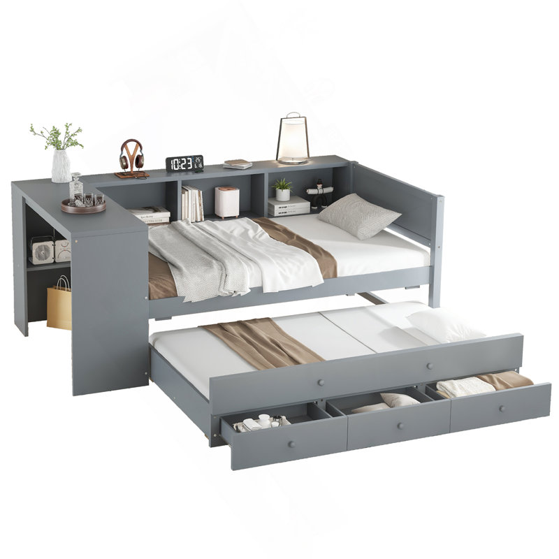 Daybed With Trundle, Wood Day Bed Frame With Storage Drawers And Side Shelves, Daybed With Desk, No Spring Box Needed, Gray
