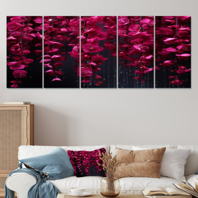 Fleurs roses et noires en cascade - Fuschia, art mural sur toile 5 pièces