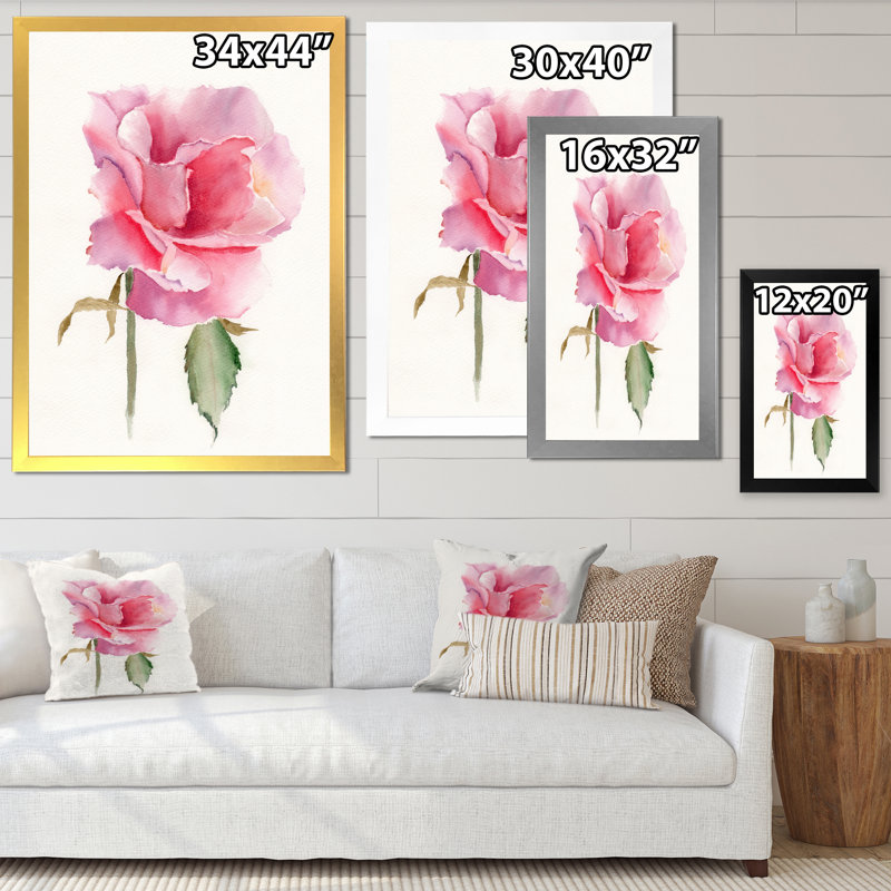 Fleur rose vif rétro - peinture sur toile, Cadre photo argenté, H 32 po x l 16 po x P 1 po
