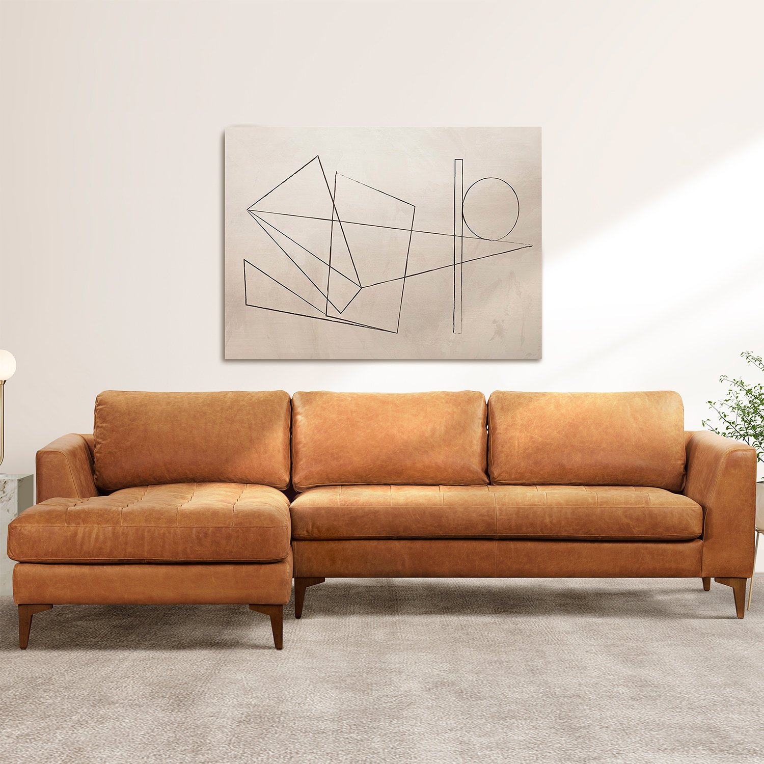  Full-Grain Genuine Italian Leather Sectional Sofa, Cognac Tan Genuine Leather, Walnut, Left Hand Facing