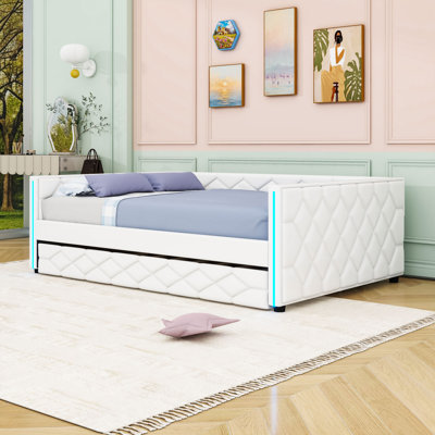 Full XL Upholstered Daybed with Trundle and LED Armrests