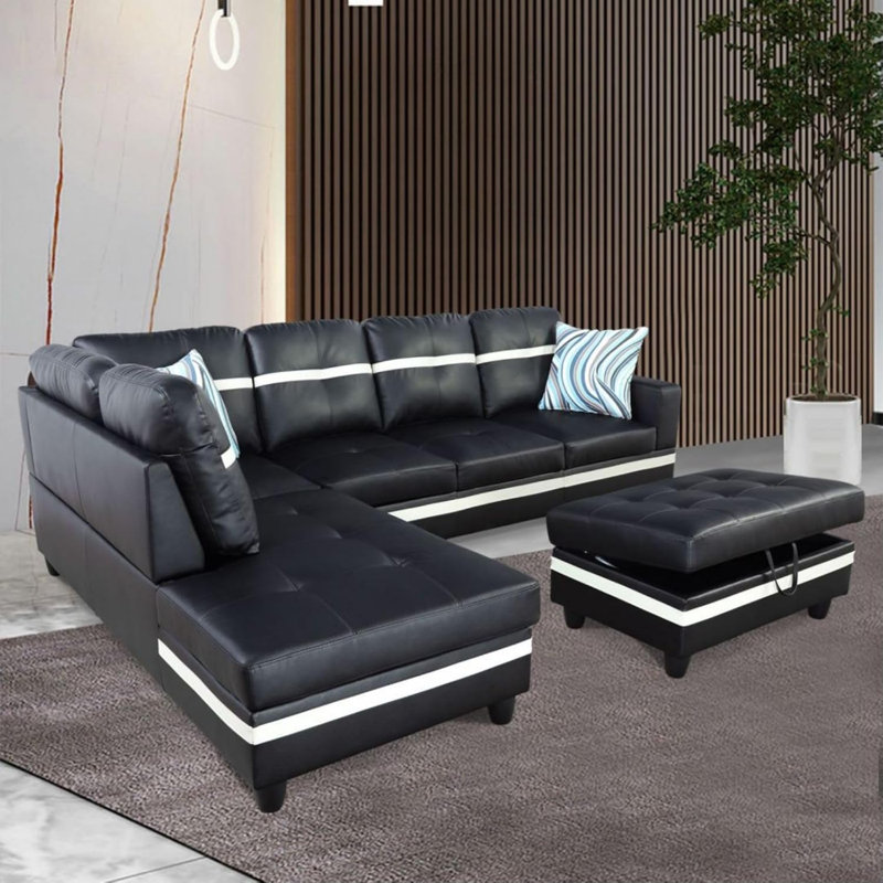 3 - Piece Semi Pu Synthetic Leather Sectional, Black/White Faux Leather