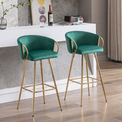 Ensemble de 2 tabourets de bar avec repose-pieds chromé, velours et pieds dorés, conception simple