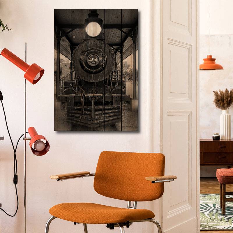 Reproduction d'art mural en bois - train rétro I BW par Debra Van Swearingen, H 26 po x l 18 po