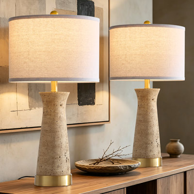 26" Organic Modern Table Lamps with Travertine-Inspired Texture, Linen Shade and LED Bulbs Included (Set of 2)