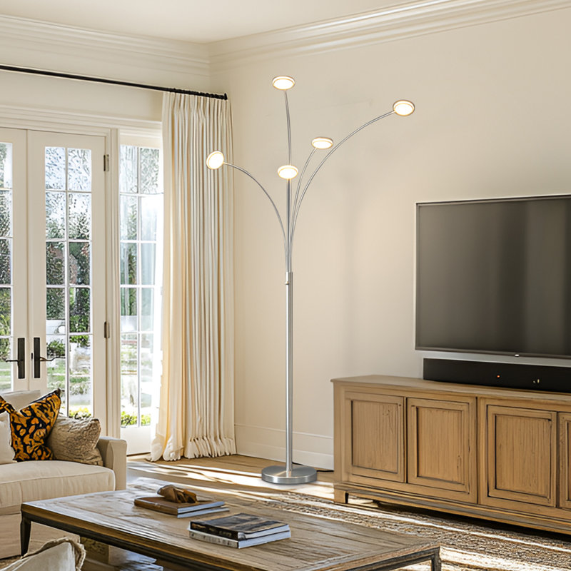 Orion Nickel 74" Modern LED 5-Arm Arc Floor Lamp With Metallic Rotating Heads, Nickel