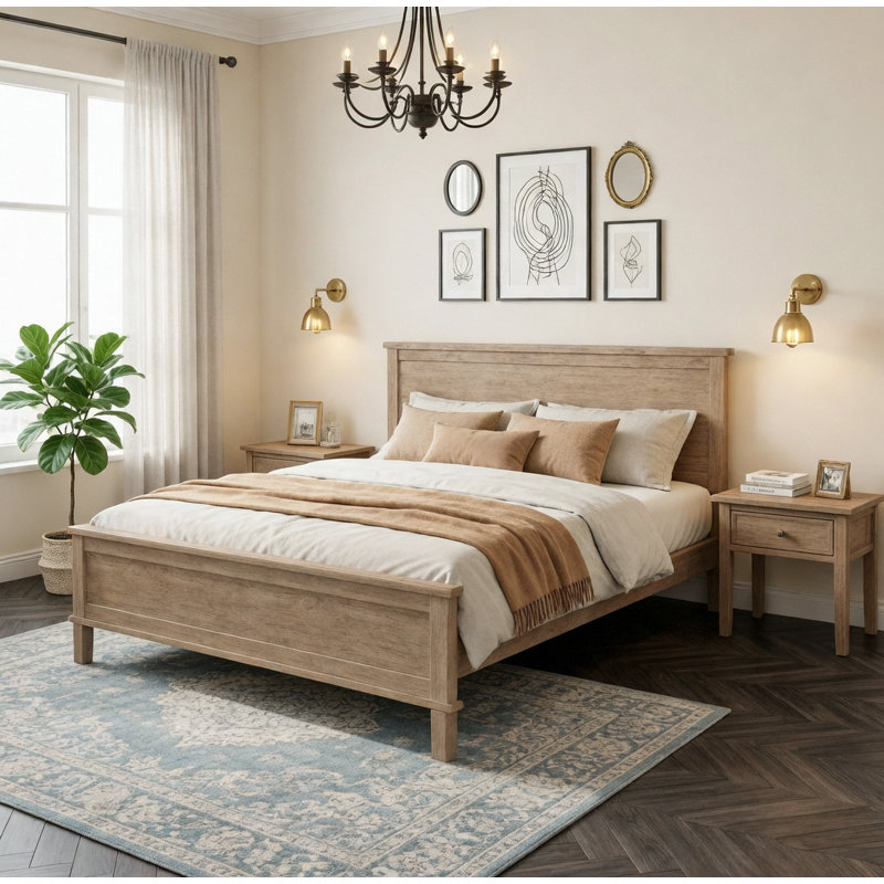 Lit plateforme en bois avec tête de lit Mid-Century, Lit double, Dérive en mer