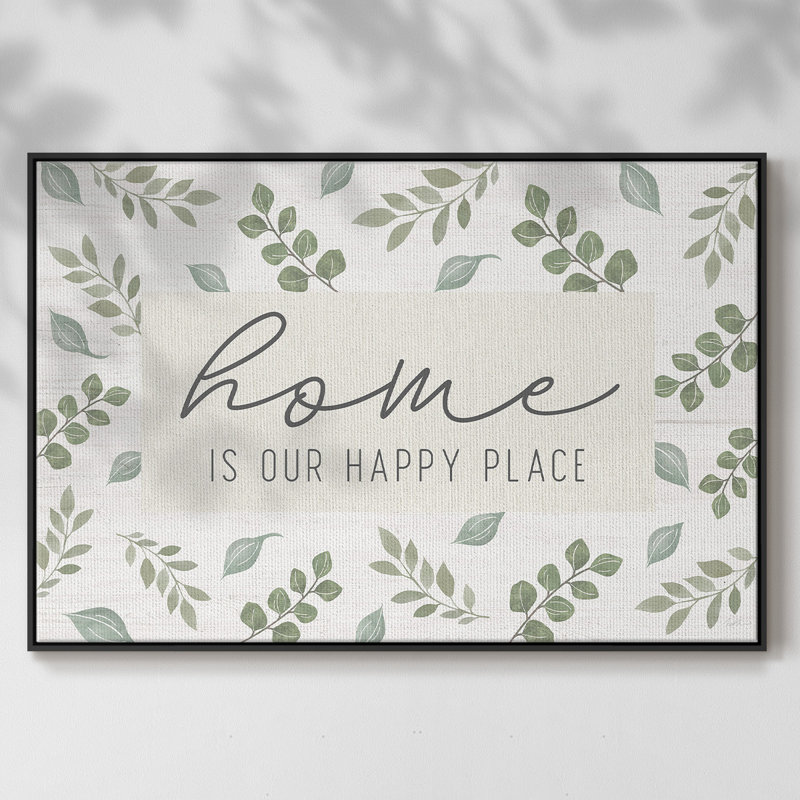 "Home is our happy place", art textuel sur toile, H 27 po x l 41 po x P 2 po, Noir