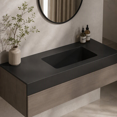 Vasque de salle de bain moderne intégré en surface solide avec trop-plein intégré, lavabo en composite de pierre résistant aux taches, sans meuble