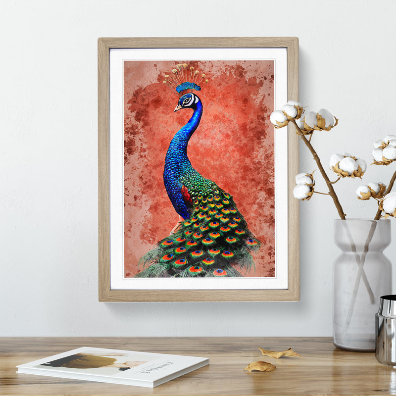 Peacock No.1 - Single Picture Frame Painting, 34cm H x 25cm W x 2cm D, Oak Framed
