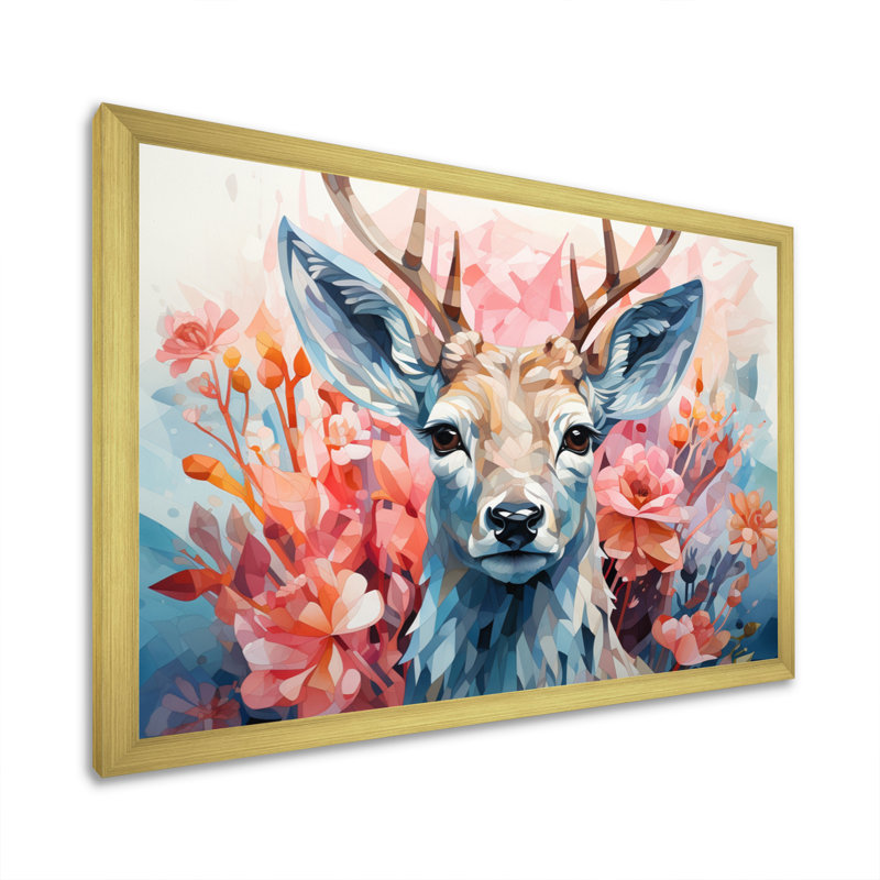 Cerf gracieux faon géométrique I - impression, H 16 po x l 32 po x P 1 po, Encadrement doré
