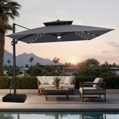  Parasol de patio extérieur en porte-à-faux à DEL 11 pi carré, poids de comptoir inclus - déplaçable sans effort par une seule personne