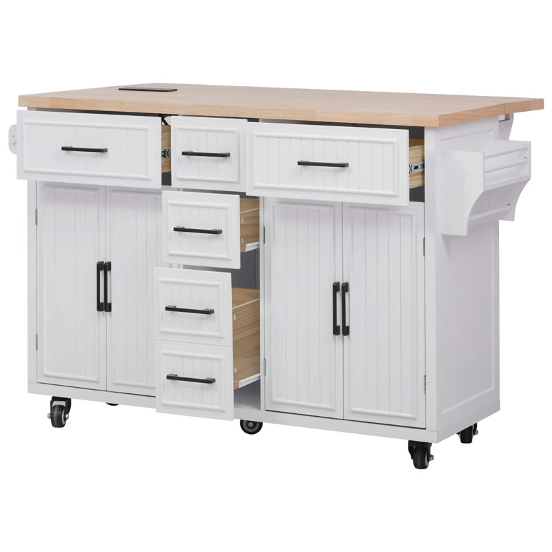 56.5'' Kitchen Island With Drop Leaf, Power Outlet, And Embossed Vertical Stripe Design For Enhanced Storage And Mobility
