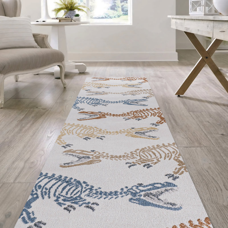 Tapis crème / multicolore pour enfants Kingdarr T-Rex, Rectangle 4 pi x 6 pi, Cream/Multi