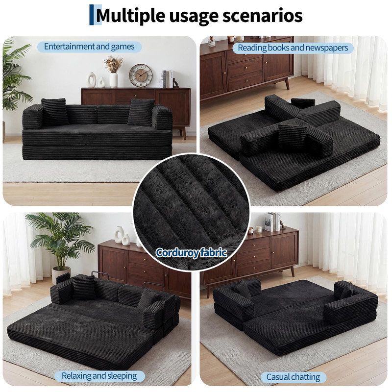 Canapé-lit 80,7 po en velours côtelé avec rangement, causeuse convertible pour petits espaces, Noir