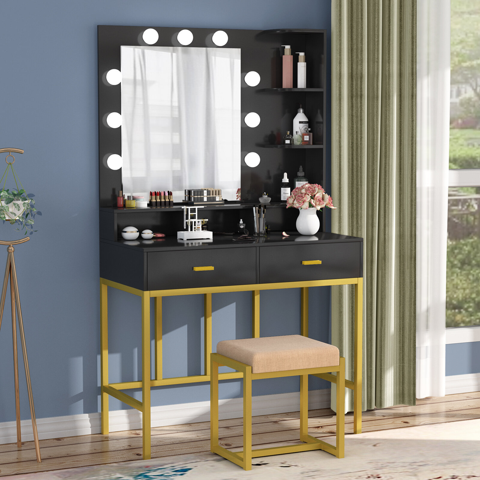  43.3 Vanity Desk with Mirror and Lights, Vanity Table with  Flip Top Mirror, Dressing Table with 2 Drawers and Storage Organization,  Vanity Makeup Desk Set for Bedroom : Home & Kitchen