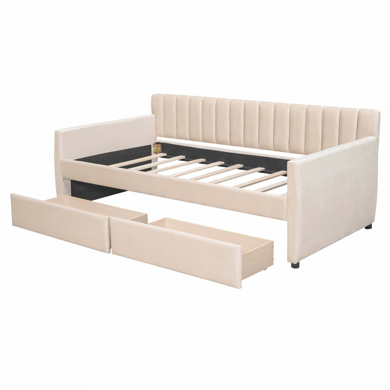 Lit de jour simple tapissier avec tiroirs, Beige