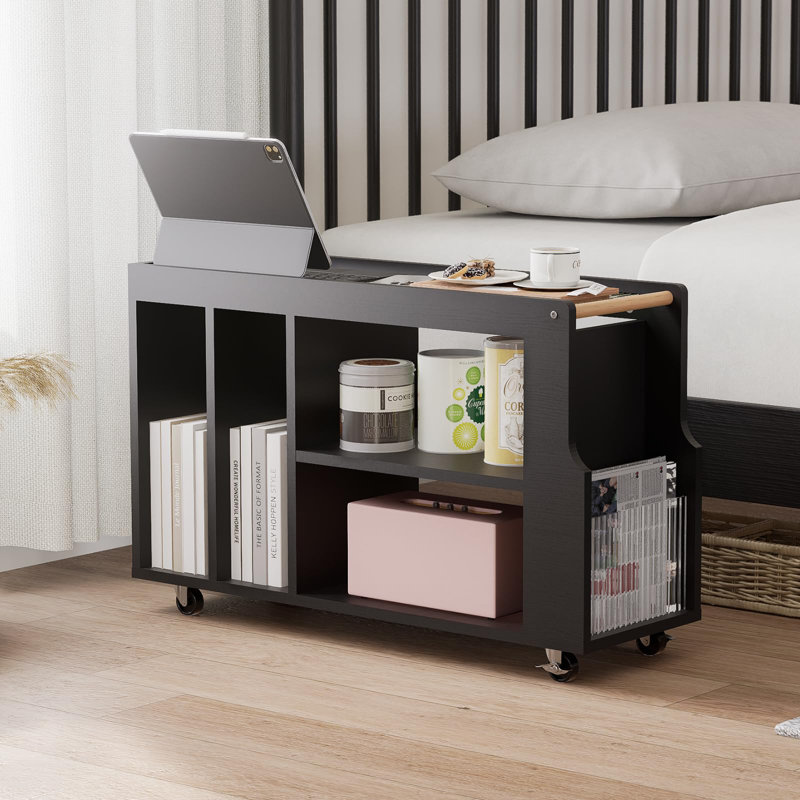 Black Wood Narrow Side Table with Fluted Glass Top and Wheels