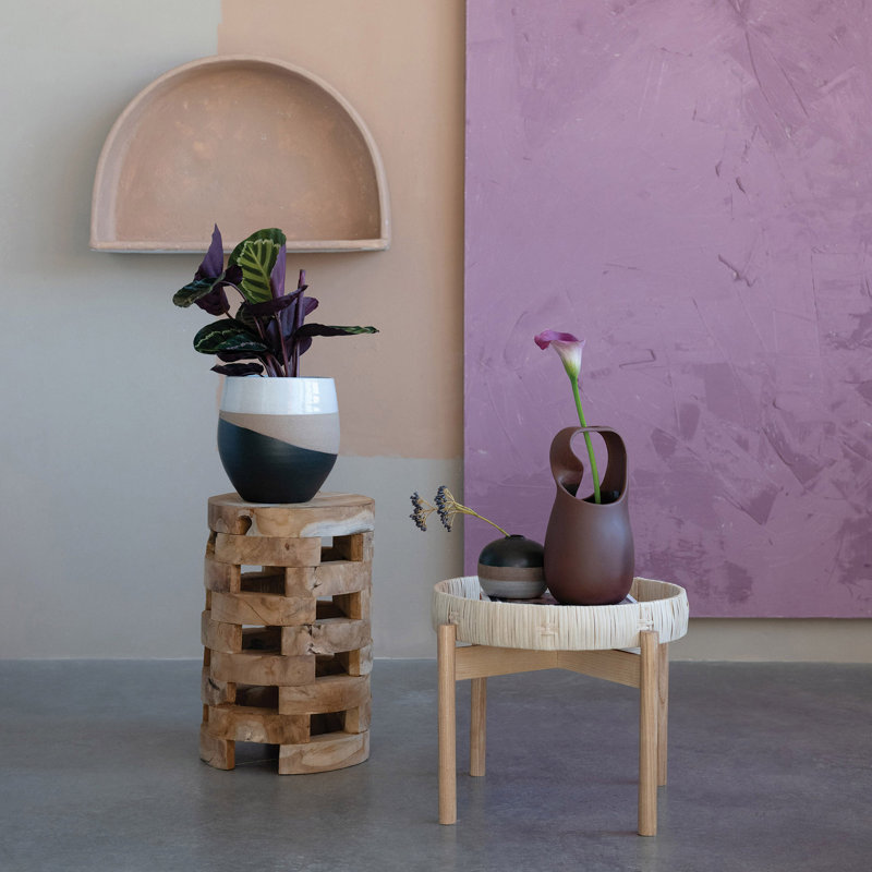 Tabouret rond en bois de teck avec surface texturée, Brun
