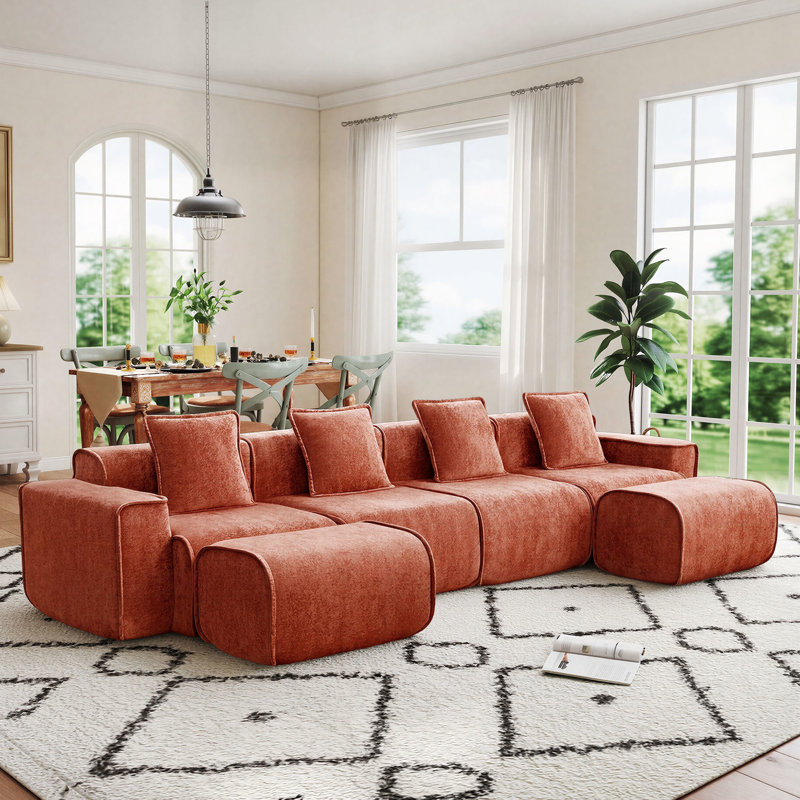 Boneless 6-Seat Modular L Shape Velvet Sectional Boneless Sofa, No Assembly Required with French Edge Piping, Velvet - Red
