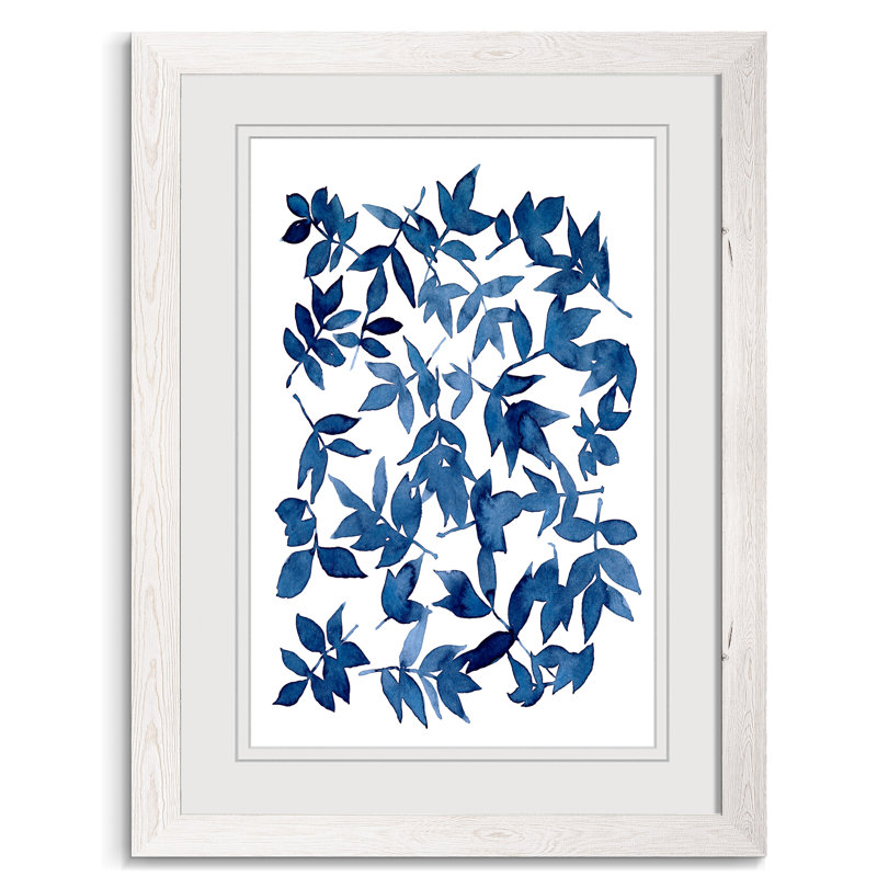 Indigo Fallen Leaves I - Peinture encadrée sur papier, H 44 po x l 32 po x P 1,25 po, Cadre espresso