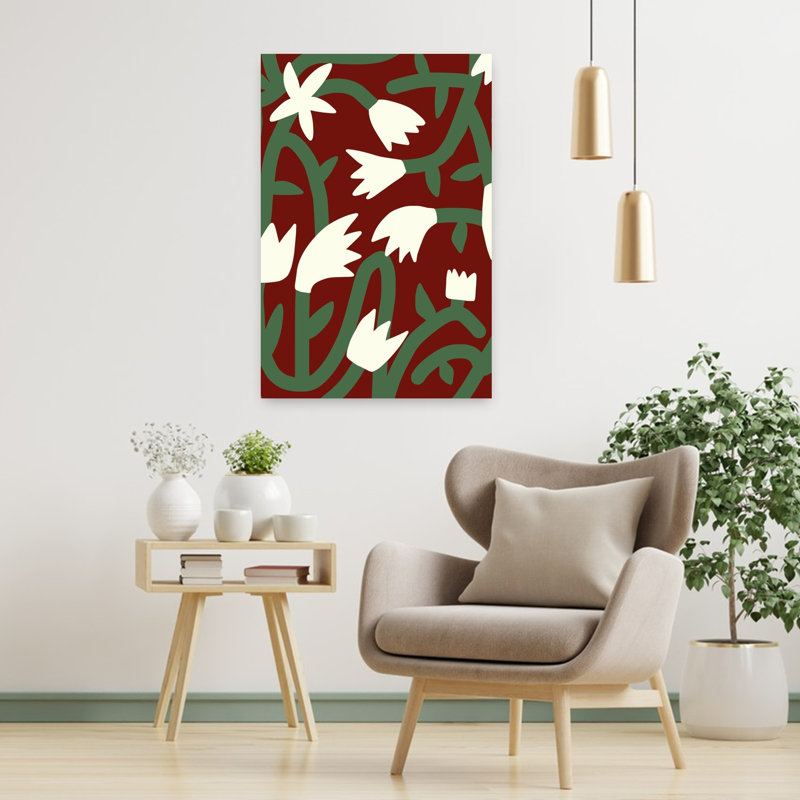 Illustration murale abstraite et contemporaine de fleurs cramoisies et de vignes, représentant des fleurs naturelles.