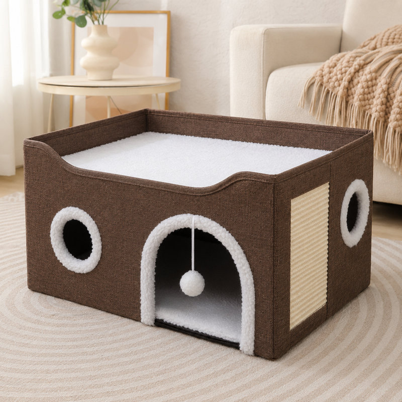 Maison de chat pliable en forme de cube avec patin à griffes en sisal et balle de jeu suspendue, lit pour chat intérieur à deux niveaux avec coussin lavable en laine d'agneau, peut supporter jusqu'à 30 lb, plusieurs tailles et couleurs en option