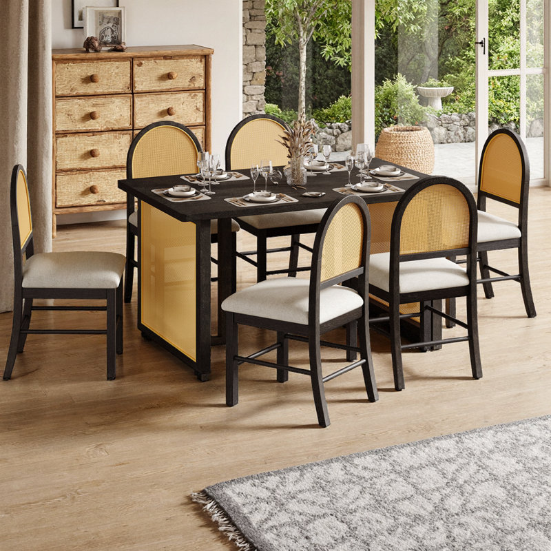 Ensemble de salle à manger de ferme 7 pièces - Table en chêne rustique avec 6 chaises en rotin, Noir