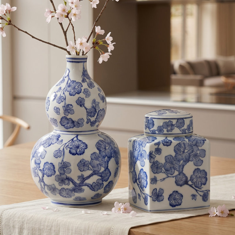 Cherry Blossom Chinoiserie Ceramic Vase & Lidded Jar Set of 2 - Decorative Floral Tabletop Accent for Living Room, Console, or Dining Decor - Blue & White